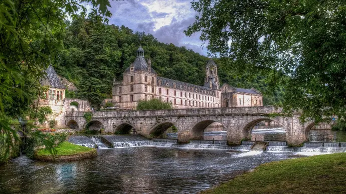 Brantome, Dordogne, France, river, houses, trees